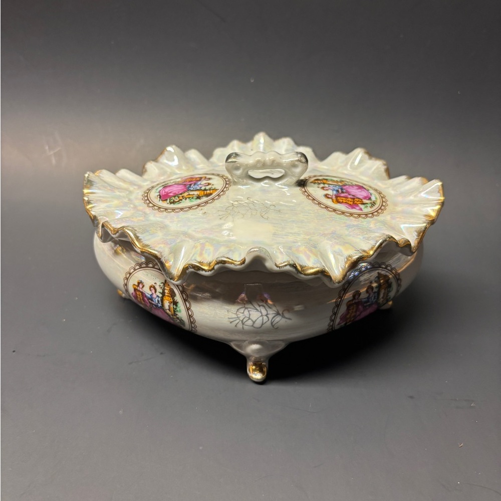 Porcelain Footed Iridescent Trinket Box with Gold Accents